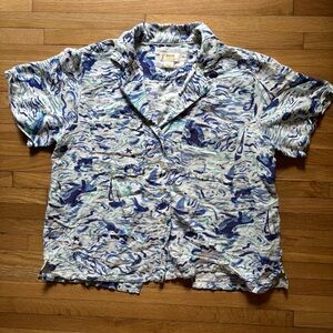 Maeve Top Women Med Blue White Linen Blend Surf Waves Sail‎ Beach Coastal Whale